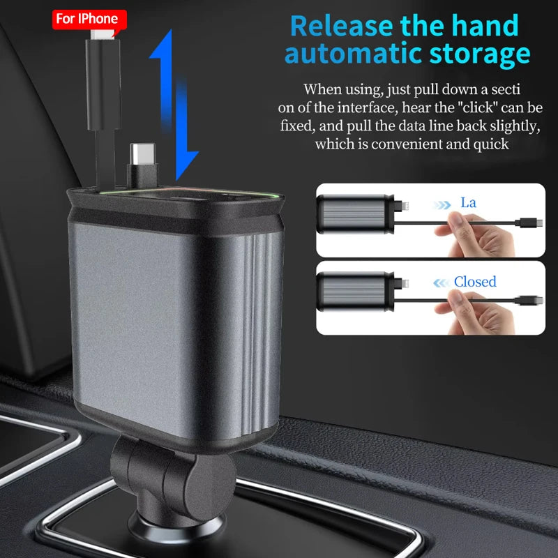 120W 4-in-1 Retractable Car Charger with Starlight Roof – USB & PD30W
