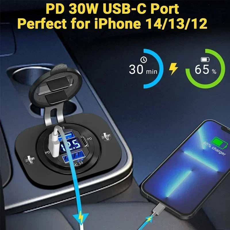 117W USB Car Charger – 4 Ports with Voltmeter