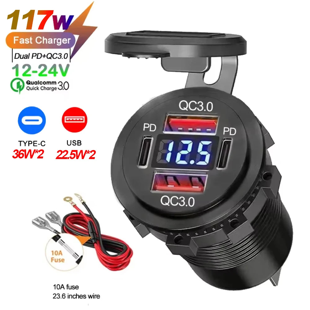 117W USB Car Charger – 4 Ports with Voltmeter
