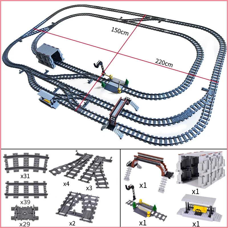 City Train Station Platform Traffic Light Cave Flyover Tracks Straight Curved Rails Building Block Bricks Technican Creative Toy